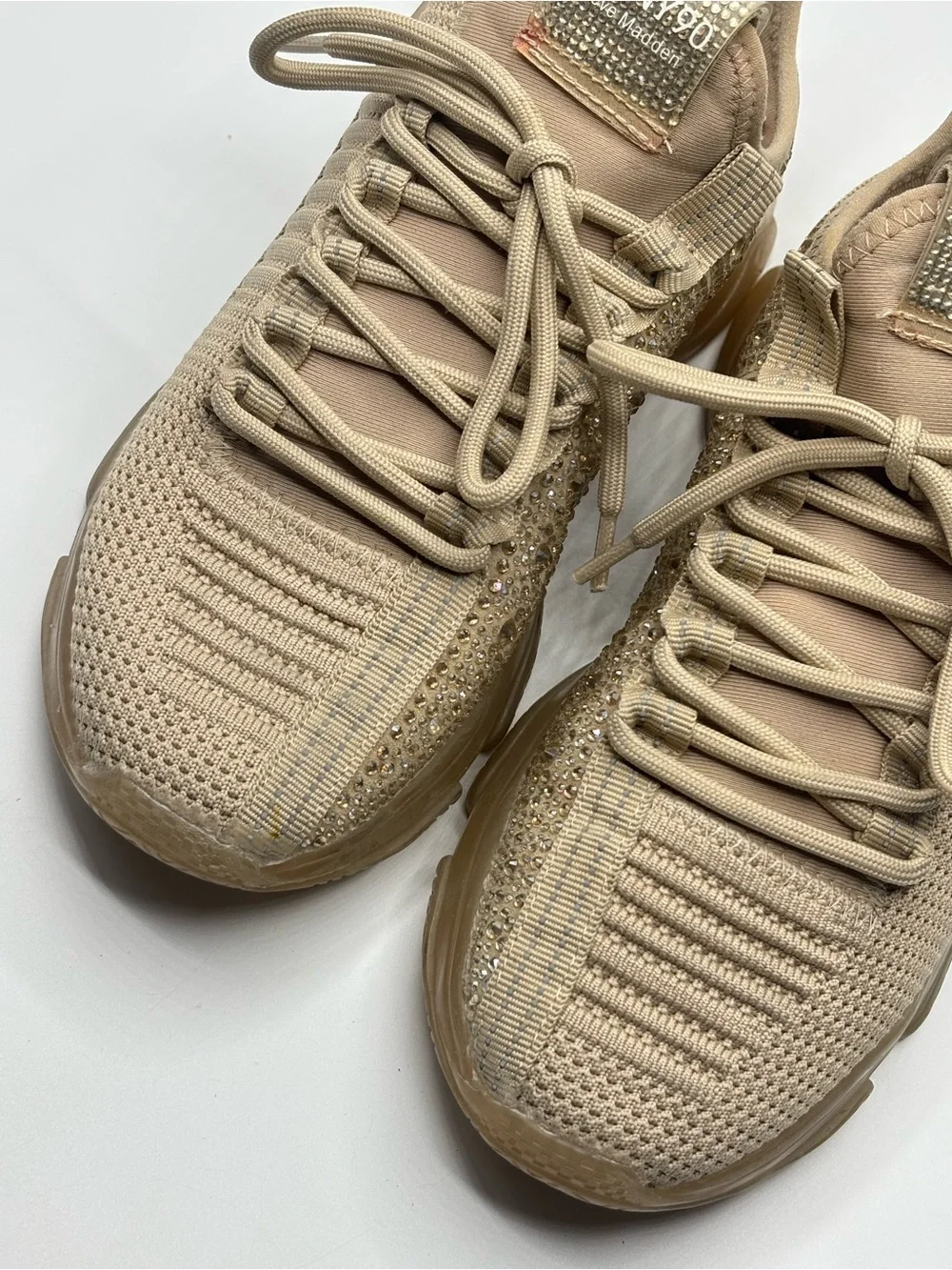 Steve Madden Maxima Beige Rhinestone Sneakers Monochrome Chunky 7.5 Maximalist